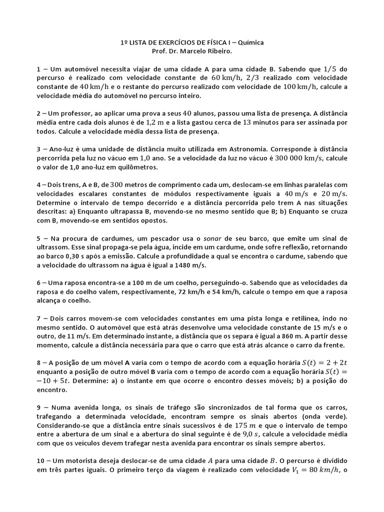 Exercícios de Física I: Velocidade e Movimento | PDF | Velocidade | Tempo