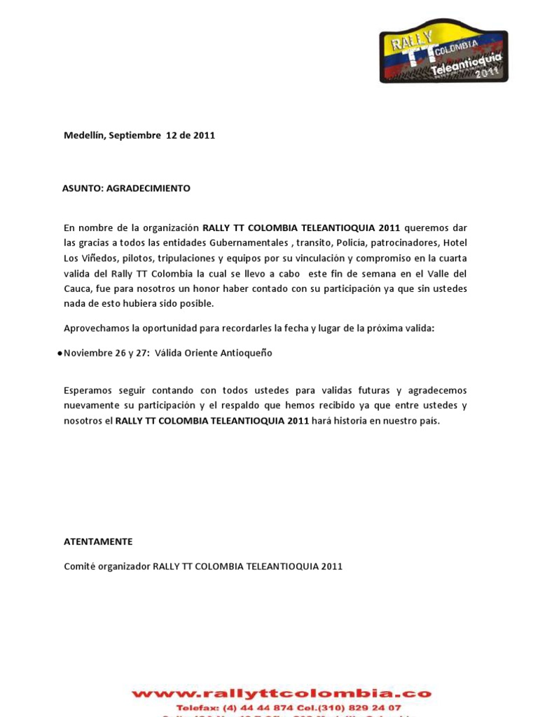 Carta de Agradecimiento A Participantes y Colaboradores