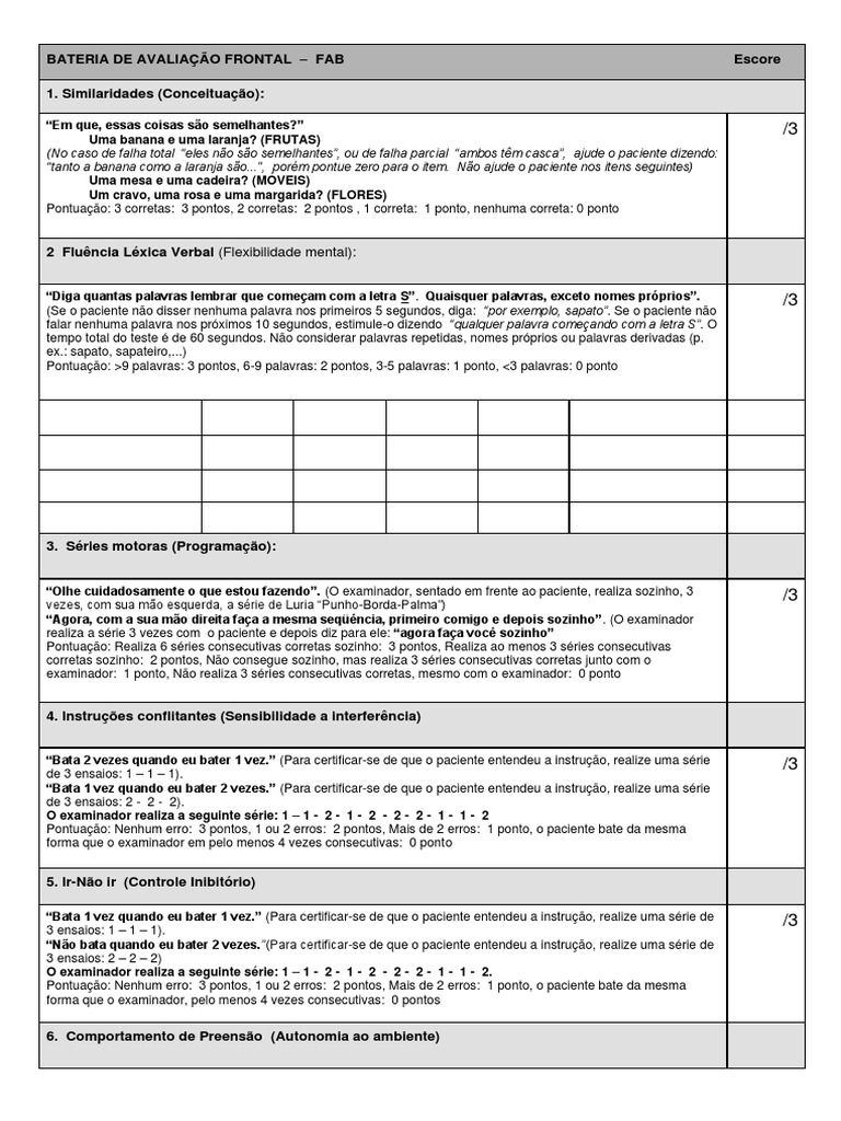 Bateria de Avaliação Frontal - Fab | PDF