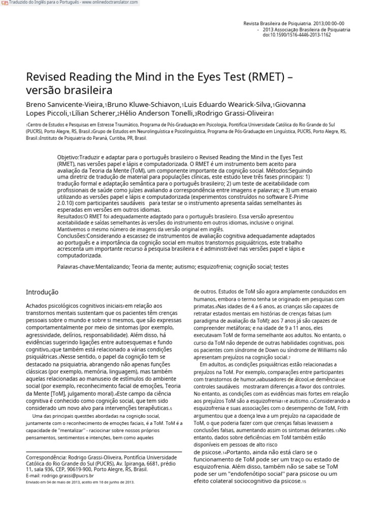 Adaptação Brasileira do Teste RMET | PDF | Distúrbio mental | Cognição
