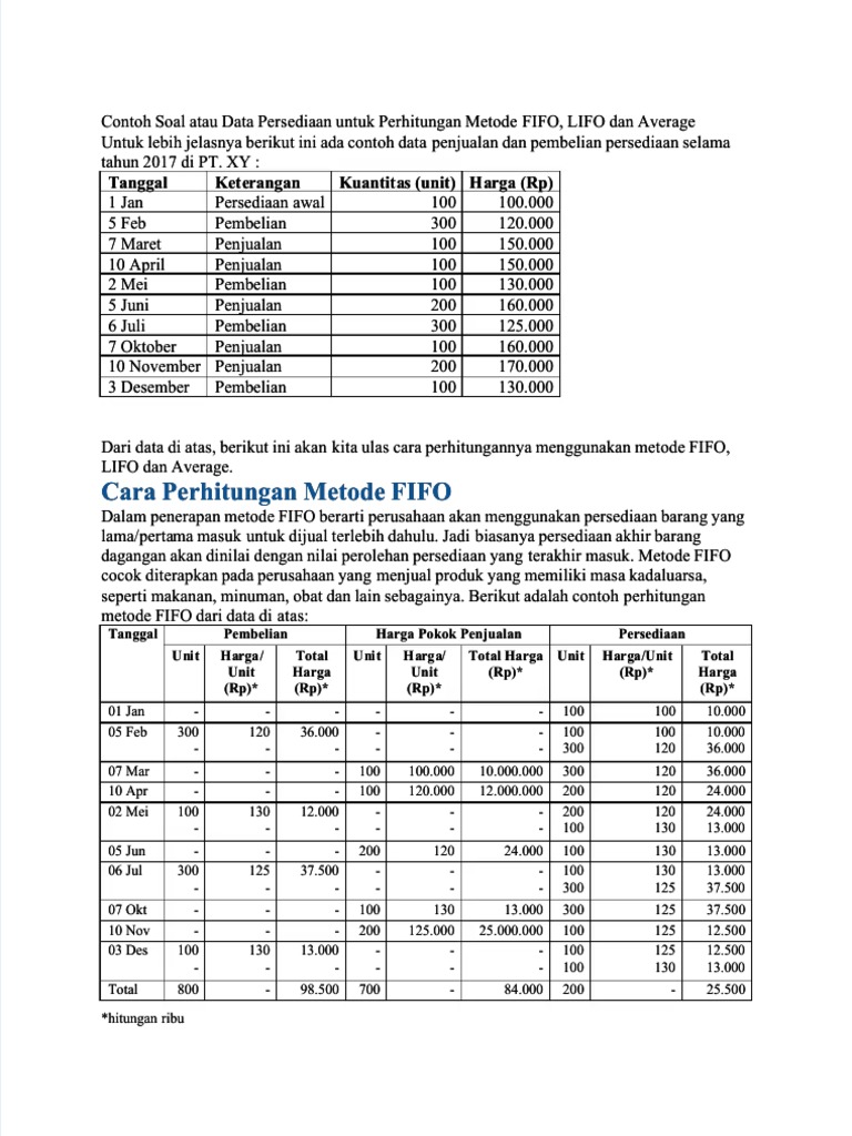 Pdf Contoh Soal Atau Data Persediaan Untuk Perhitungan Metode Fifo