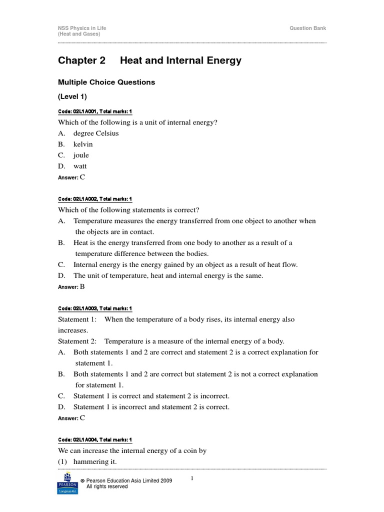 Heat and Internal Energy Multiple Choice Questions PDF Heat Heat