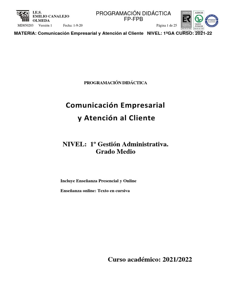Comunicacion Empresarial y Atencion Al Cliente 21 22 PDF Evaluación