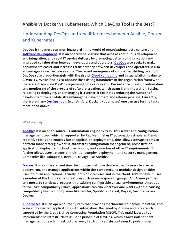 Ansible, Docker, and Kubernetes Comparison | PDF | Cloud Computing ...
