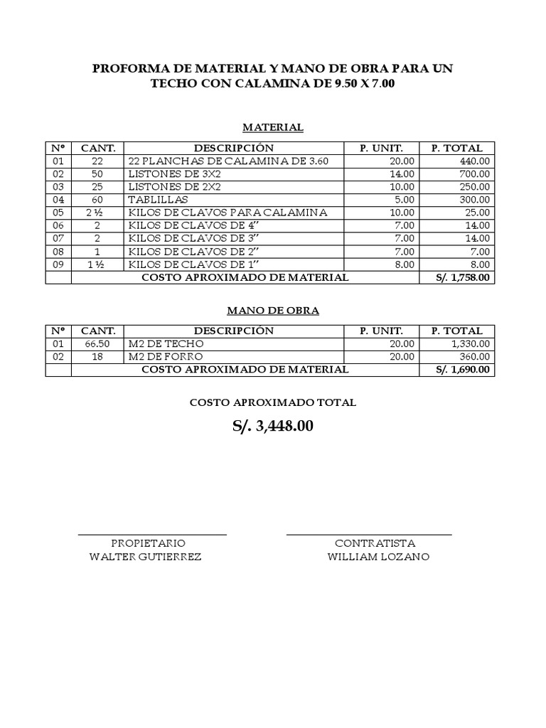 Proforma de Material y Mano de Obra para Un Techo Con Calamina de 2 | PDF