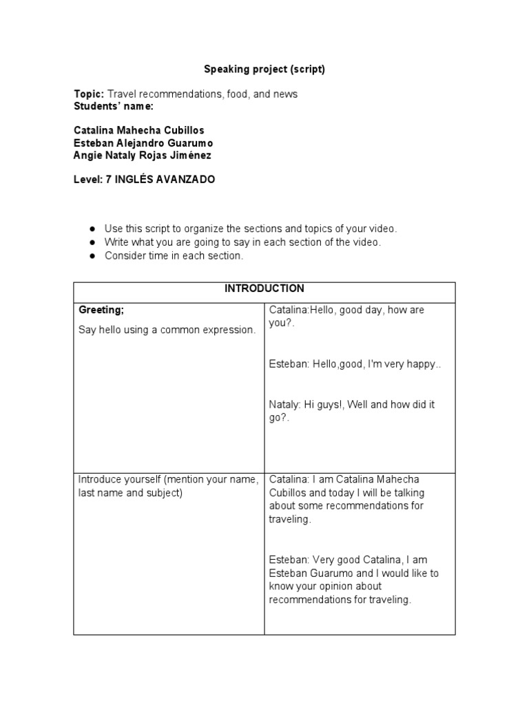 Speaking Project (Script) Level 7 Alejandra Ibane-1 | PDF | Cooking ...