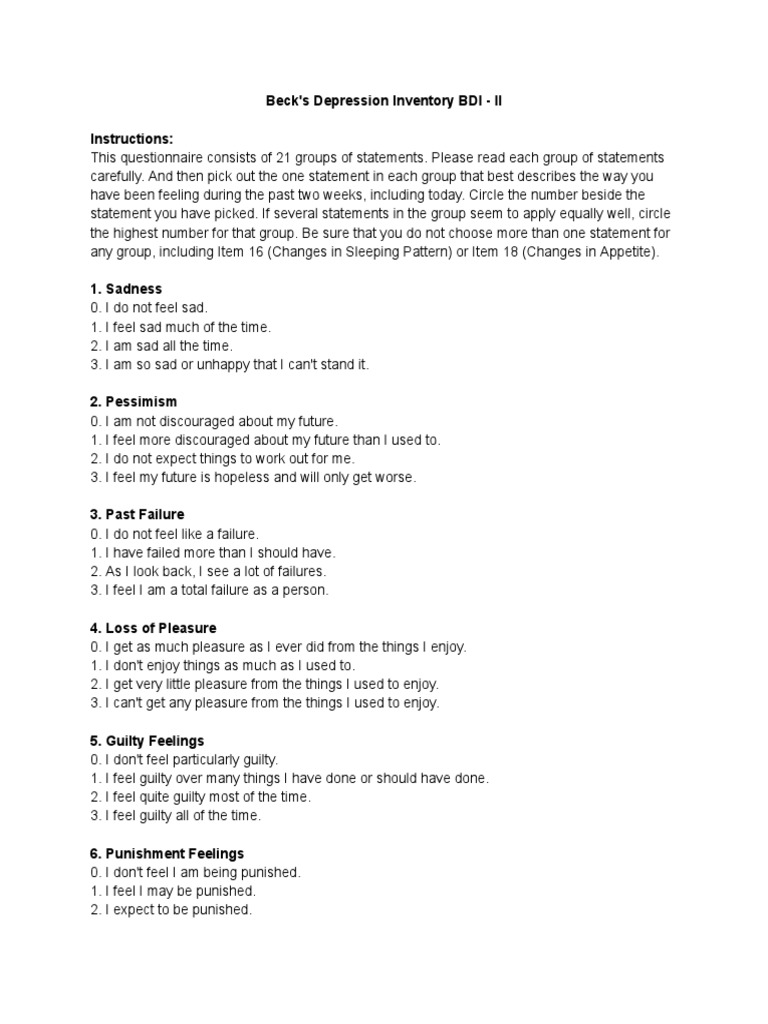 Becks Depression Inventory BDI II PDF Cognitive Science Psychology
