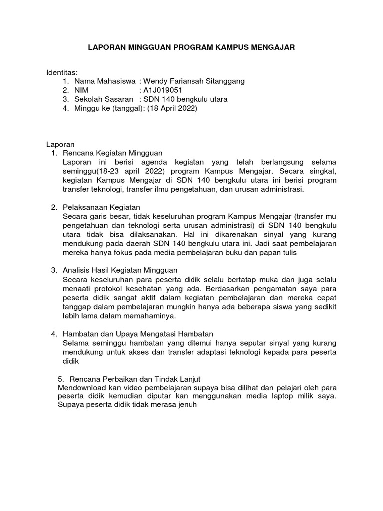 Format Laporan Mingguan Mahasiswa Kampus Mengajar Pdf