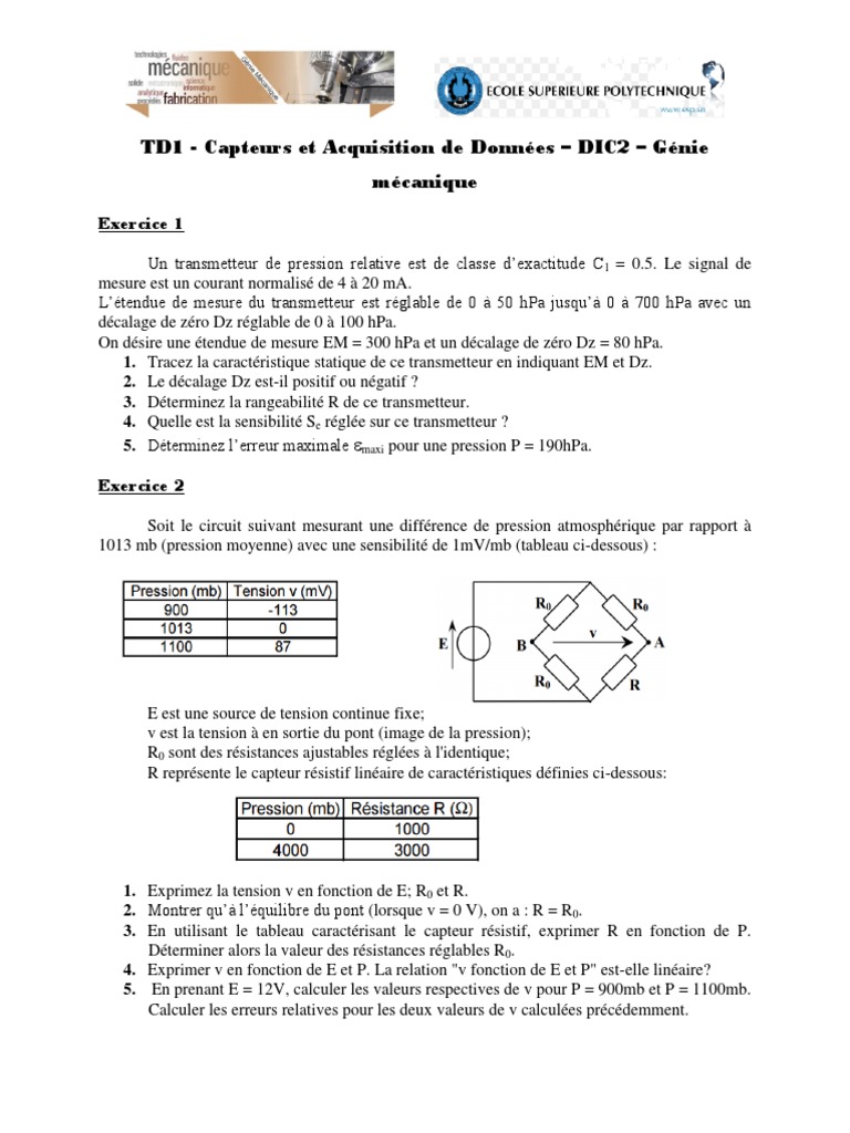 TD1 Capteurs | PDF | Pression | Capteur