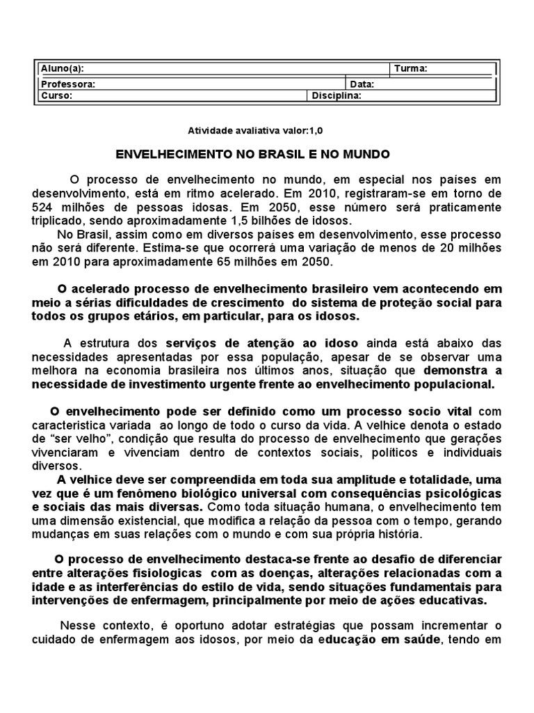 Atividade Saude Do Idoso No Beasil | PDF | Envelhecimento | Terceira idade