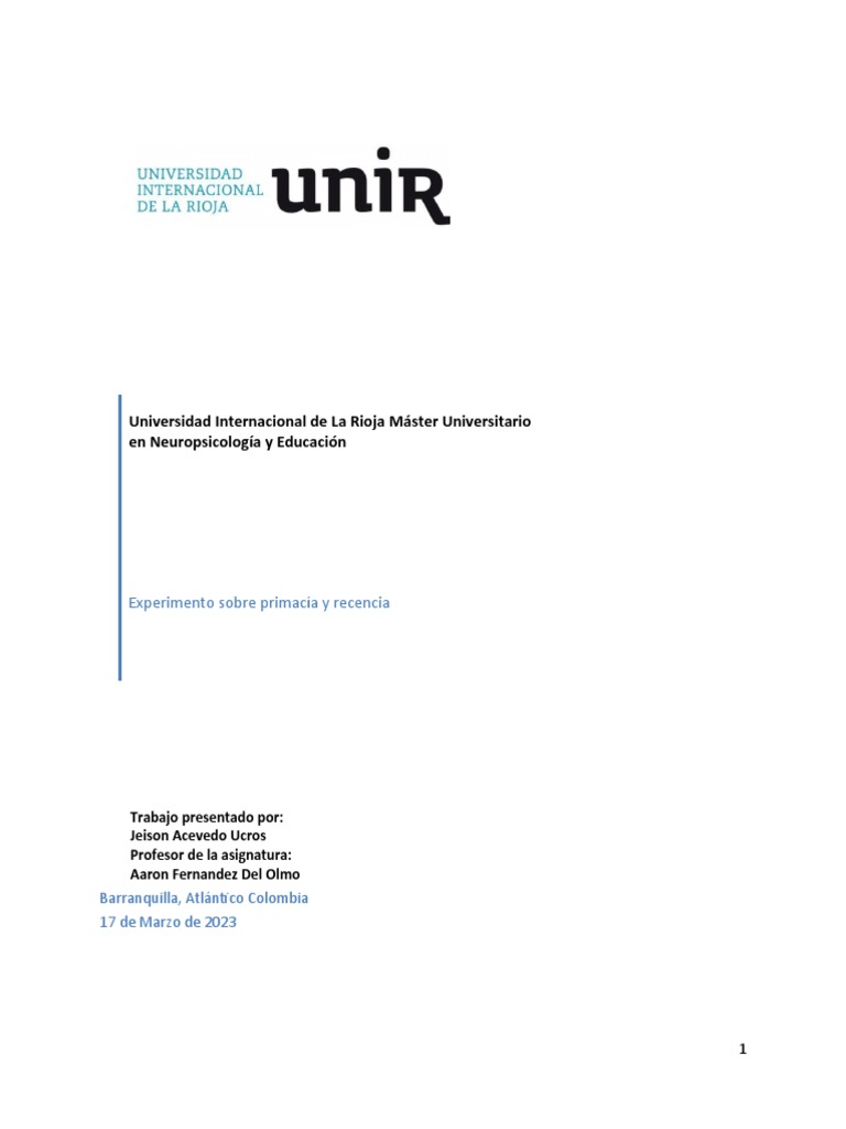 Efectos de Primacía y Recencia en Memoria | PDF | Ciencias del ...