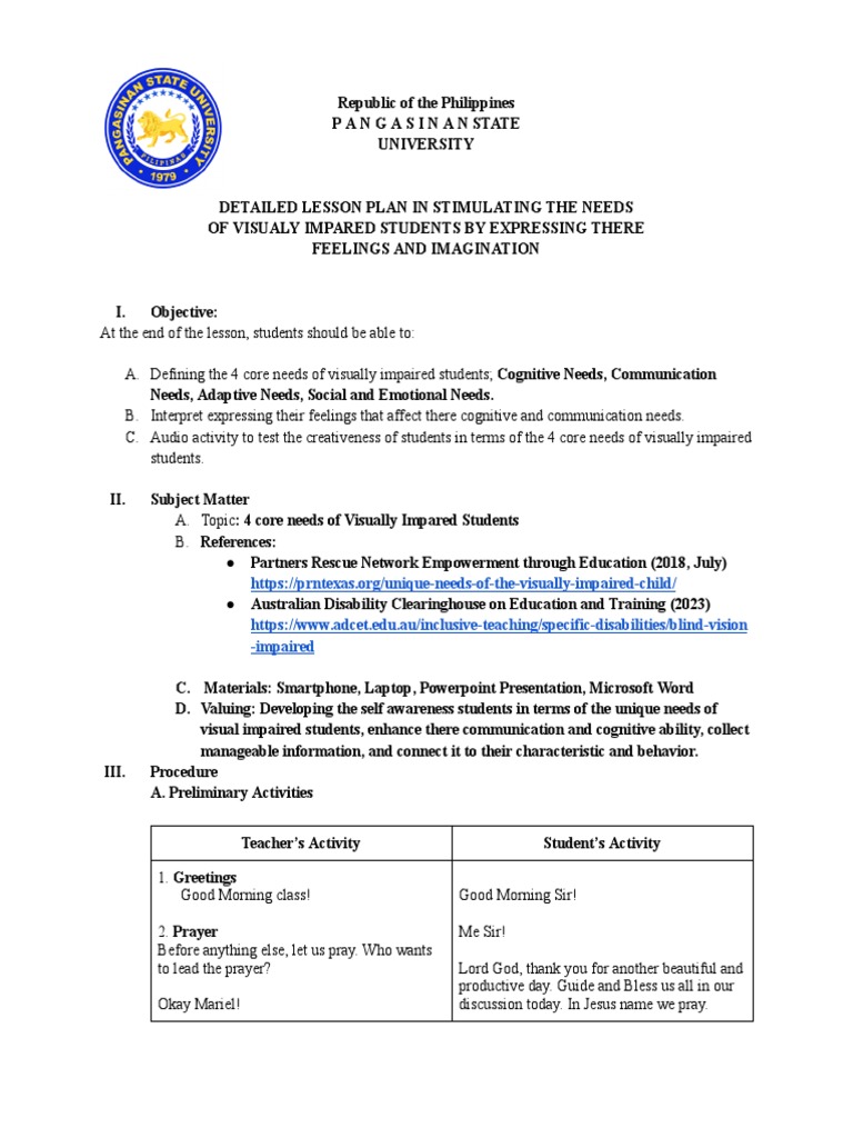 Lesson Plan Alvin Elliot PDF Communication Visual Impairment