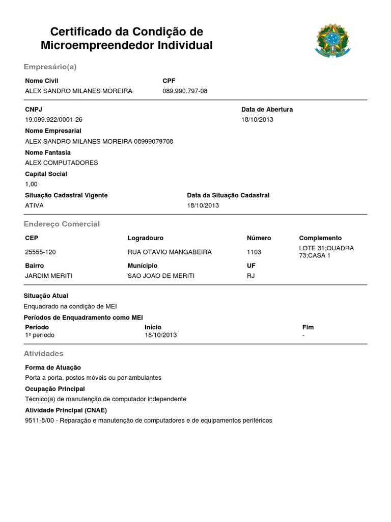 Certificado Mei CCMEI-19099922000126 | PDF