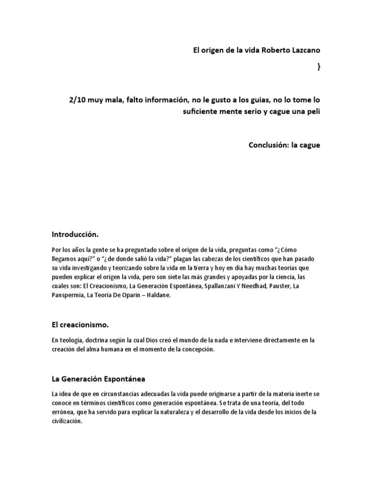 El Origen de La Vida Roberto Lazcano | PDF | Abiogénesis | Vida