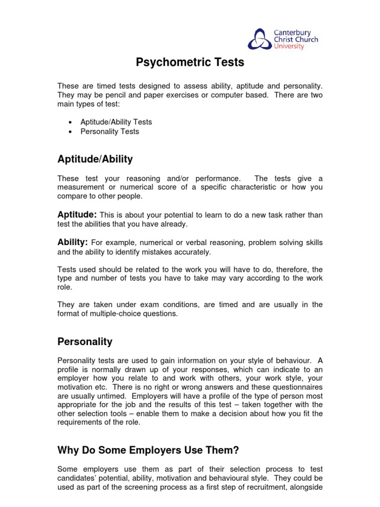 Psycho Metric Tests | PDF | Test (Assessment) | Quality Of Life