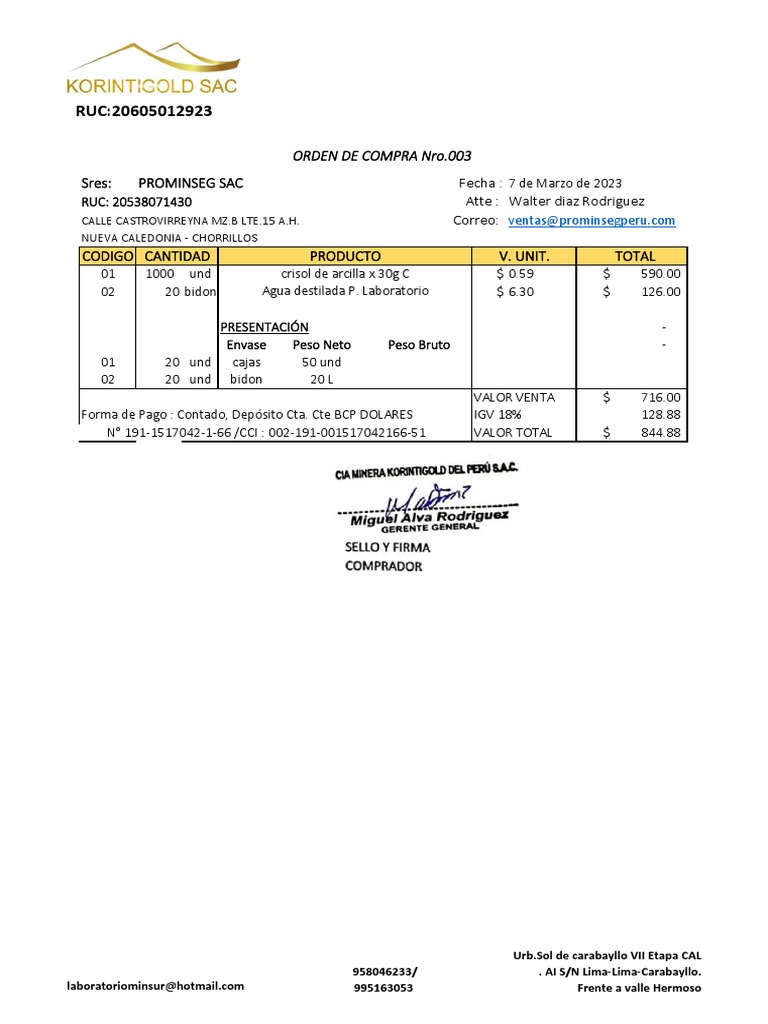 ORDEN DE COMPRA N°003 - CRISOL 30 g-AGUA DESTILADA | PDF
