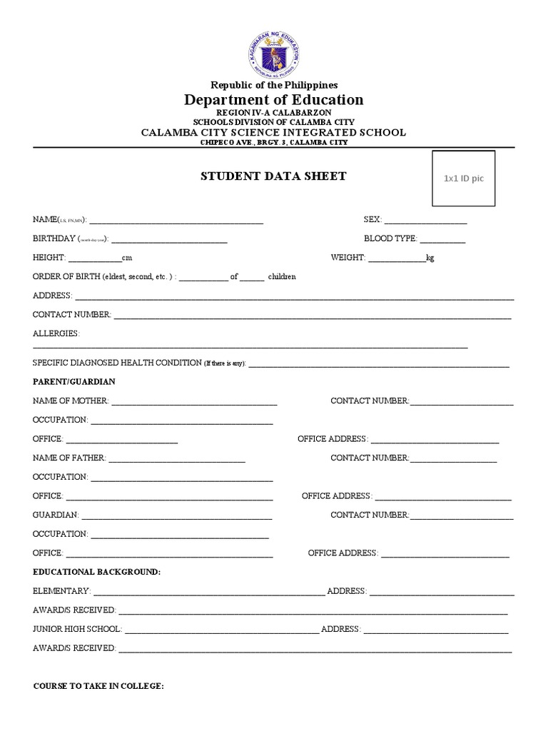 Student Info Sheet 1 PDF