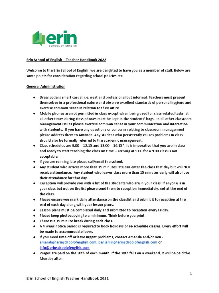 Erin School Teacher Handbook 2022 | PDF | Teachers | Learning