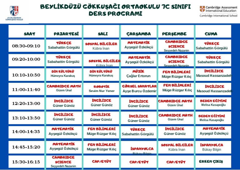 7C Sinifi Haftalik Ders Programi | PDF