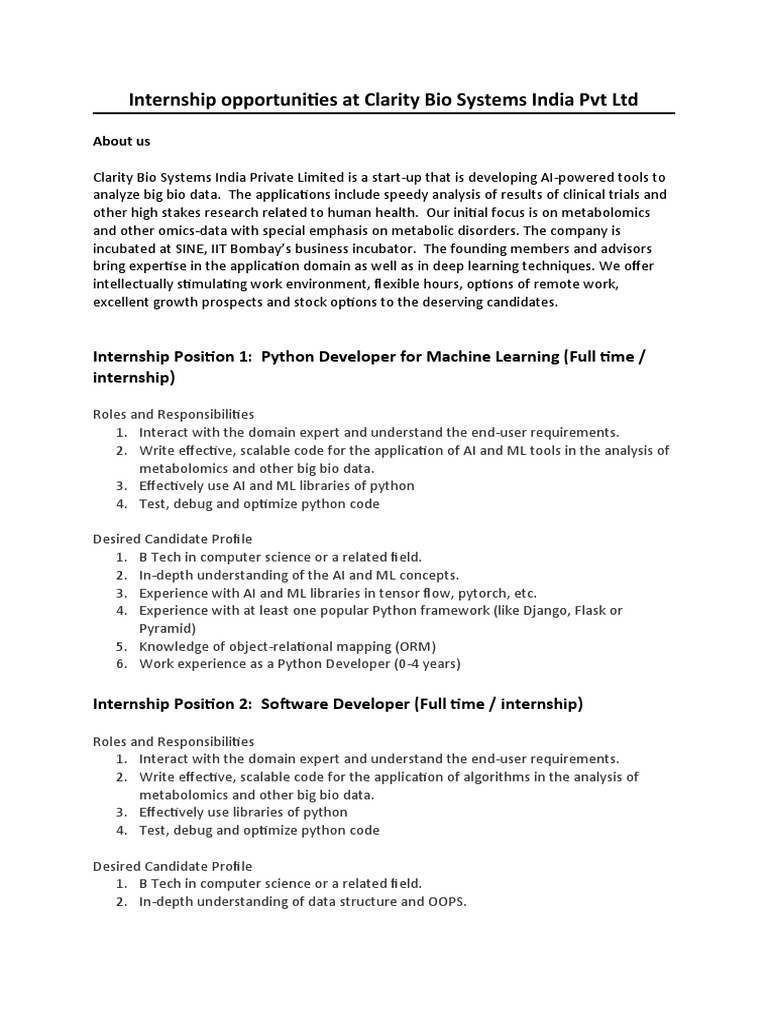 Internship Opportunities at Clarity Bio | PDF | Artificial Intelligence ...
