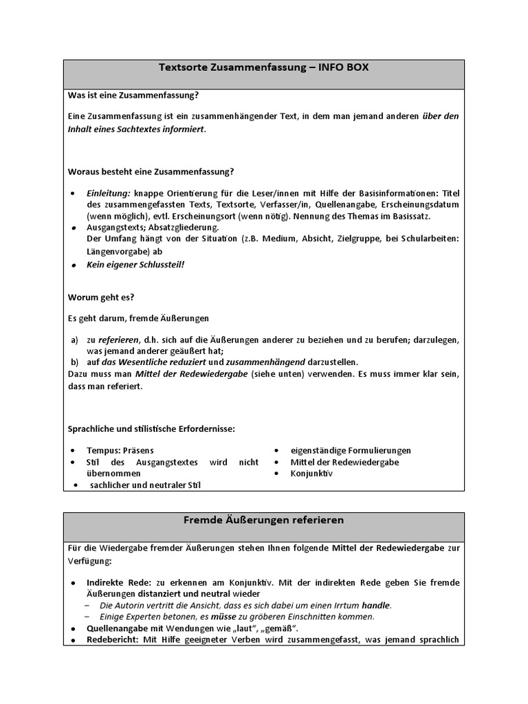 Textsorte Zusammenfassung - Textbausteine | PDF