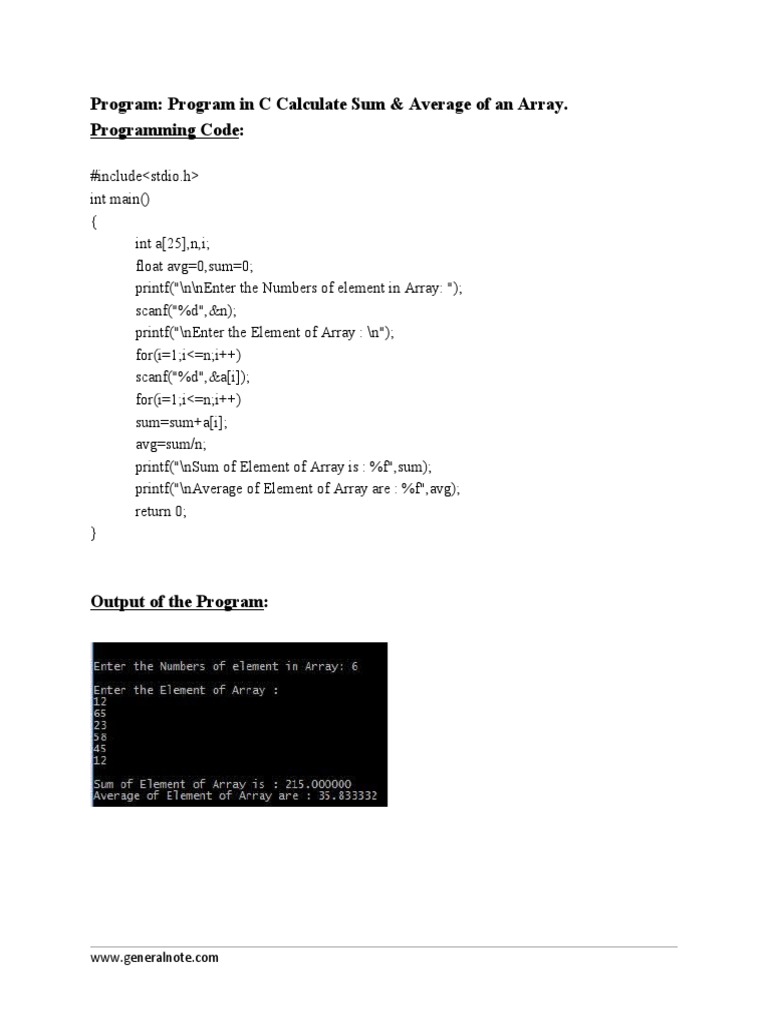 Program in c calculate sum average of an array pdf