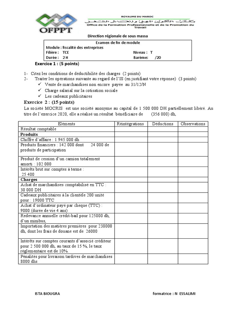 Controle Fiscalité n002 TCE G111 | PDF | Dépréciation | Taxe sur la ...