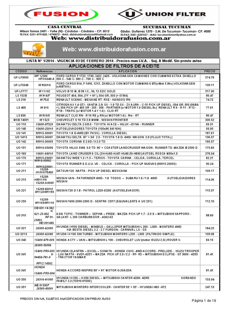 Precios de Filtros de Aceite 2014 | PDF | Toyota | Ford F Series