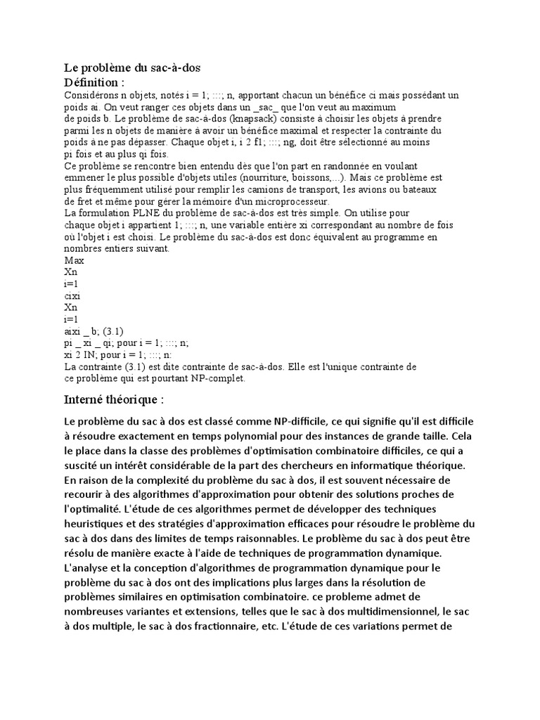Problème du sac à dos et algorithmes | PDF | Optimisation mathématique ...