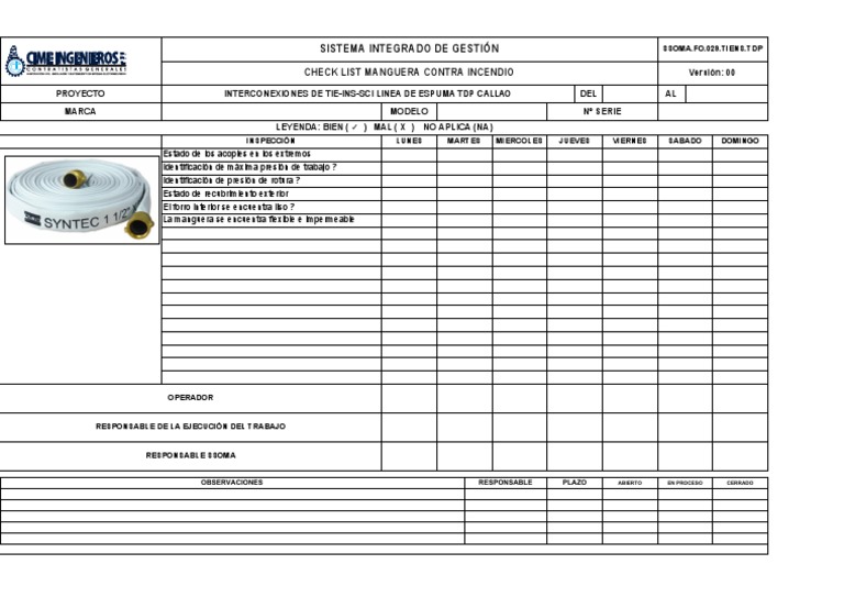 SSOMA - fo.029.TIENS - TDP Check List Manguera Contra Incendio | PDF