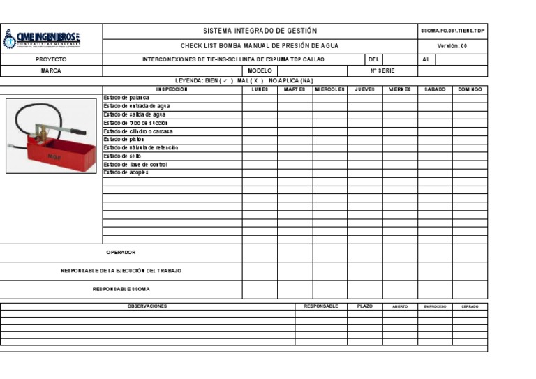 SSOMA - fo.031.TIENS - TDP Check List Bomba Manual de Presión | PDF