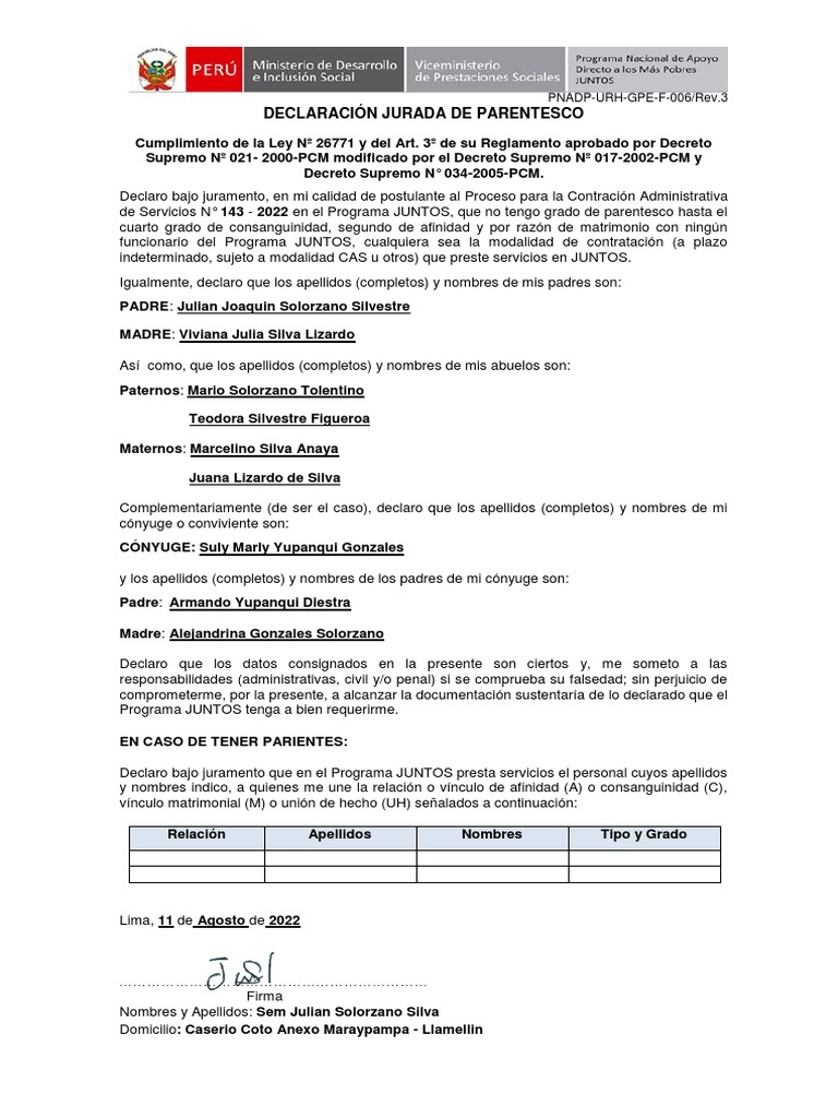 Declaración Jurada de Parentesco JUNTOS | PDF | Parentesco | Parentesco ...