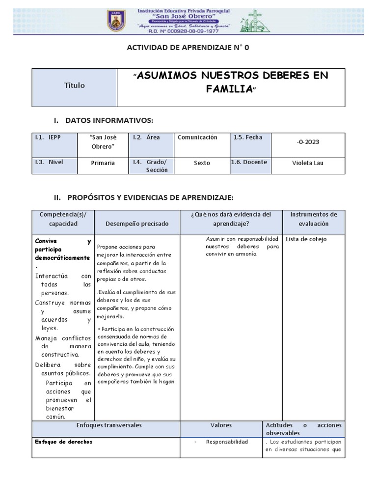Actividad de Aprendizaje N Asumimos Nuestros Deberes en Familia | PDF ...