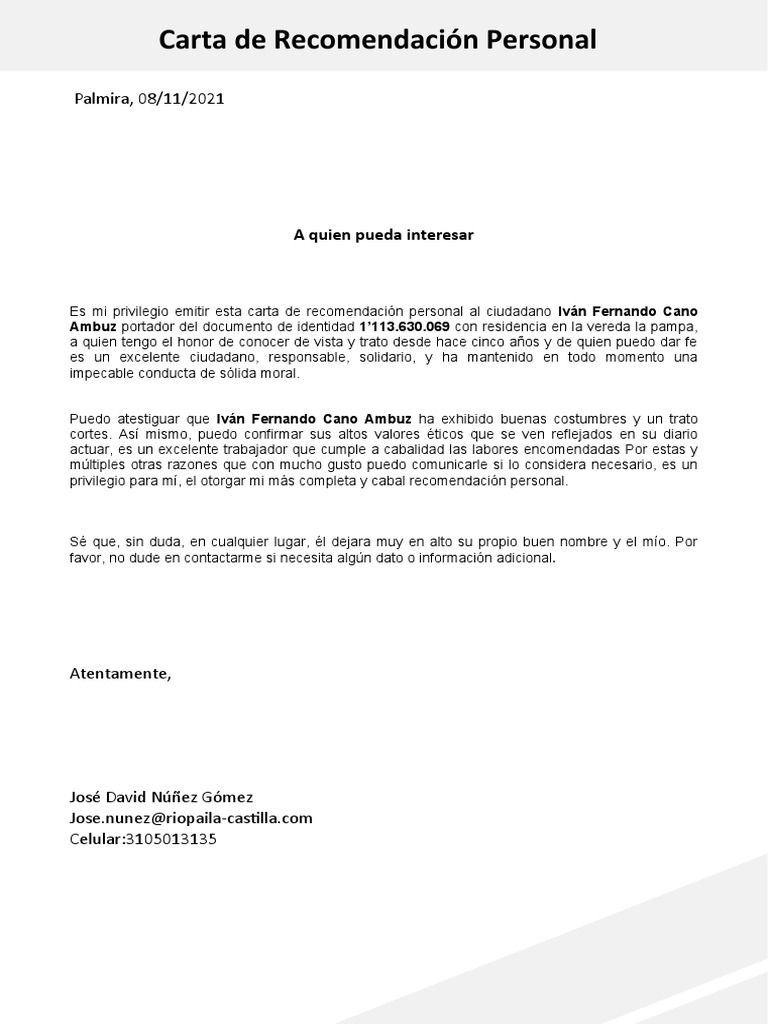 Carta de Recomendacion Personal | PDF | Crecimiento personal y ...