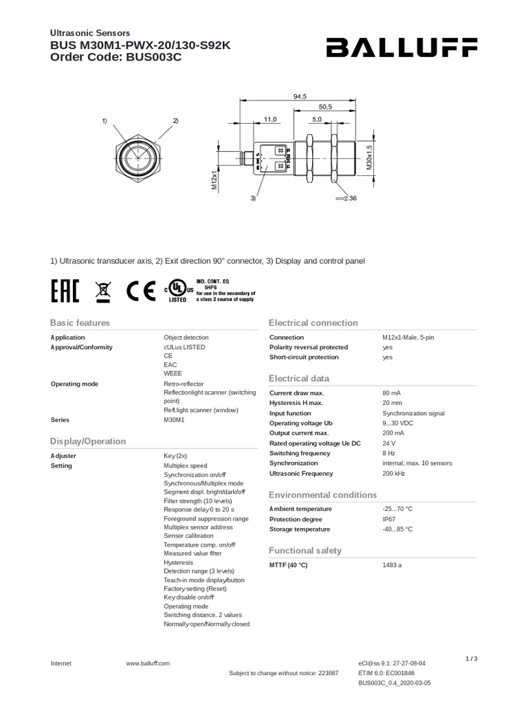 Ultrasonic Sensor BUS M30M1-PWX Datasheet | PDF | Switch | Sensor