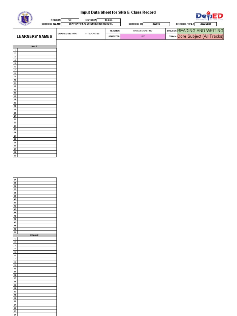 Deped Tambayan Shs E Class Record