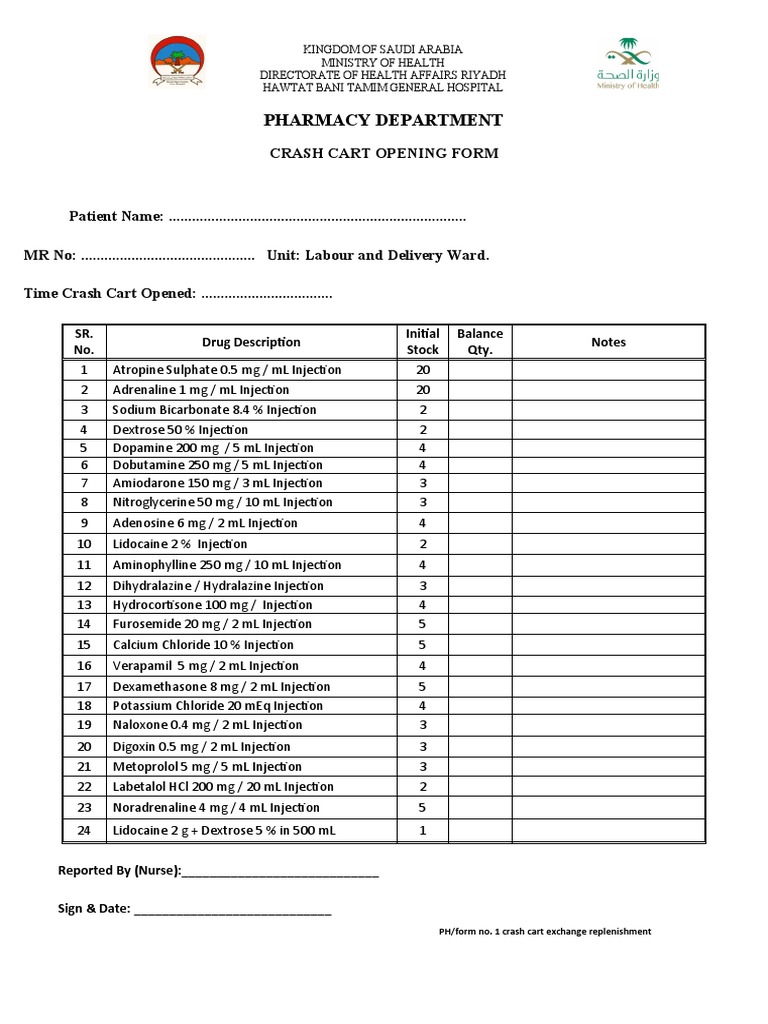1Crash Cart Opening Form PDF Pharmacology Clinical Medicine