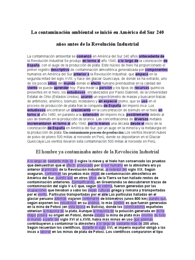 La Contaminación Ambiental Se Inició en América Del Sur 240 Años Antes