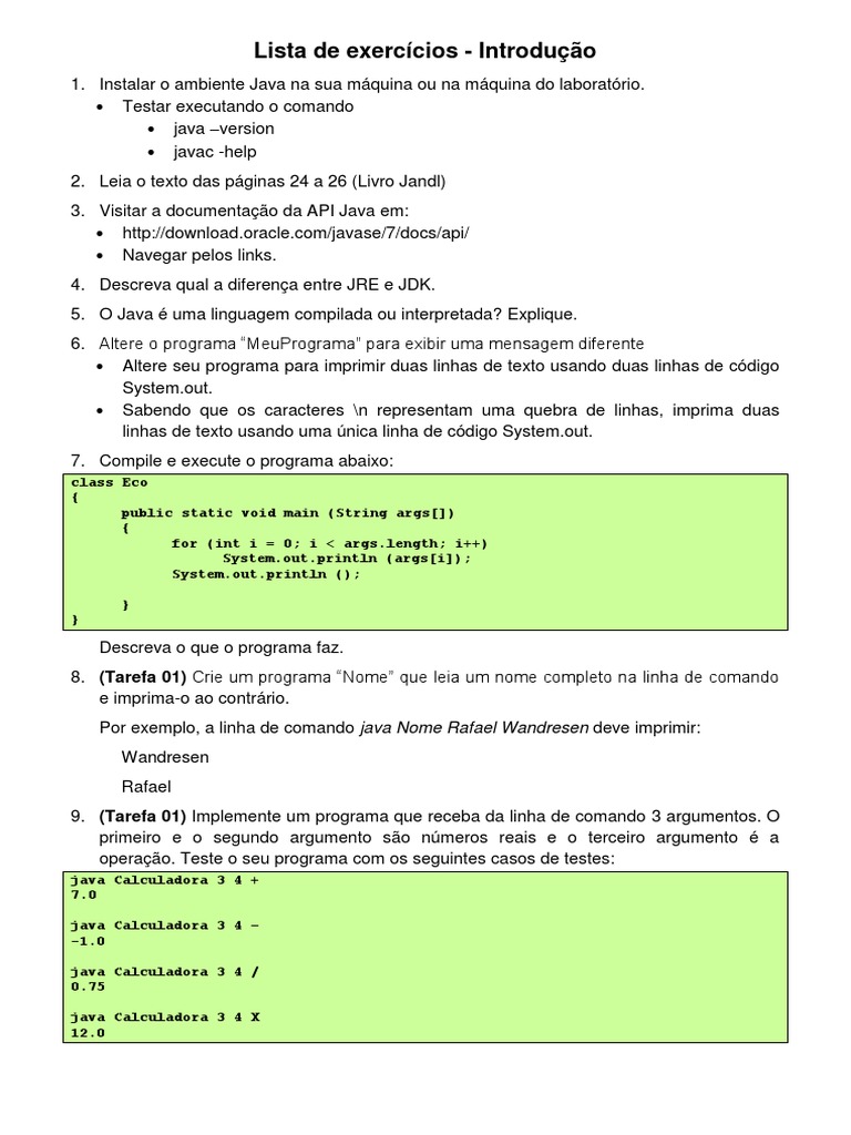 Exercícios de Introdução ao Java | PDF | Java (linguagem de programação ...