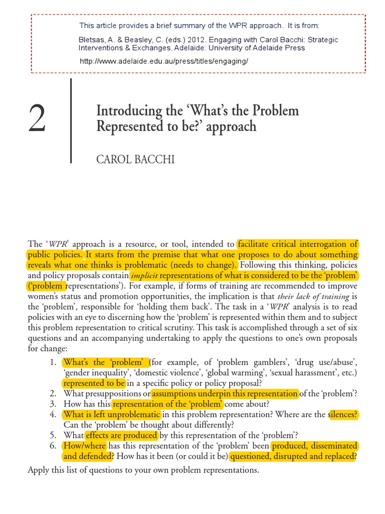 Understanding Bacchi's WPR Framework | PDF | Gender | Gender Studies