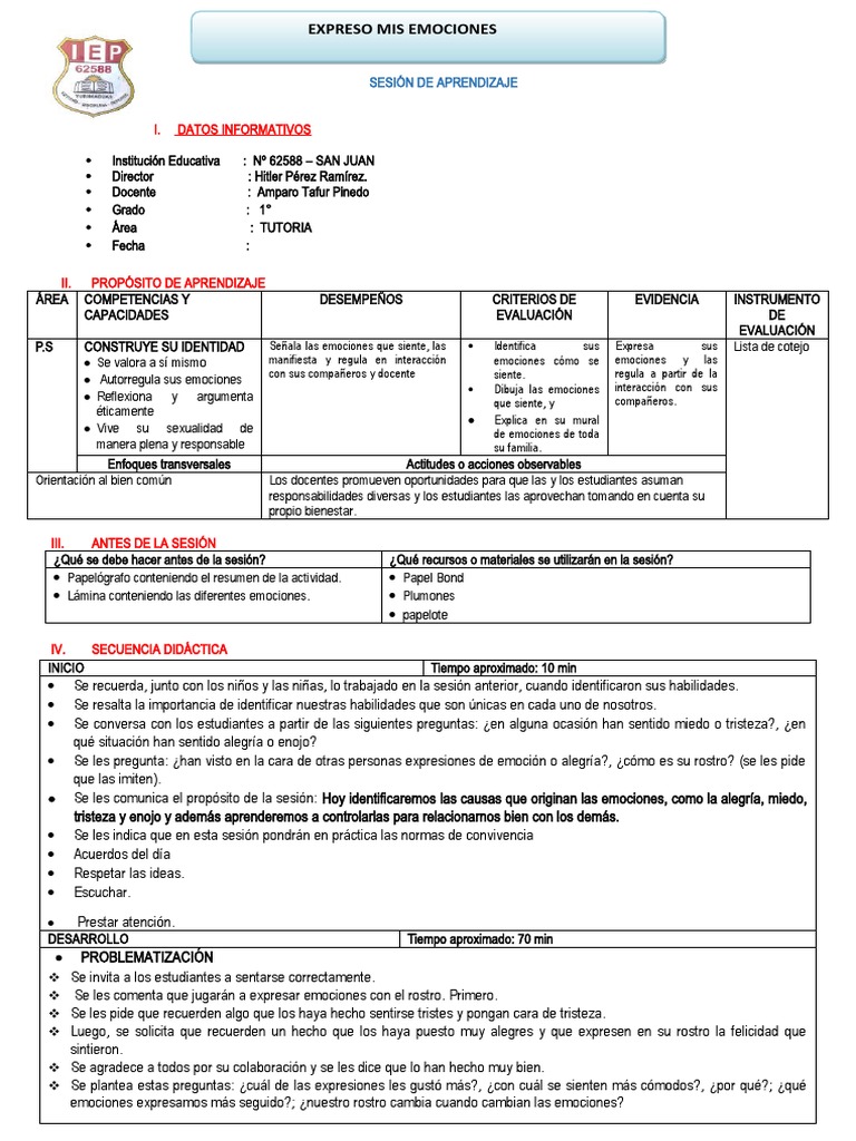 Expresión de emociones en 1° grado | PDF | Las emociones | Evaluación