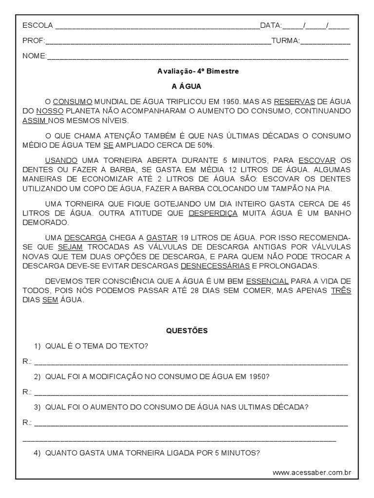 Interpretacao de Texto A Agua 4º Ou 5º Ano | PDF