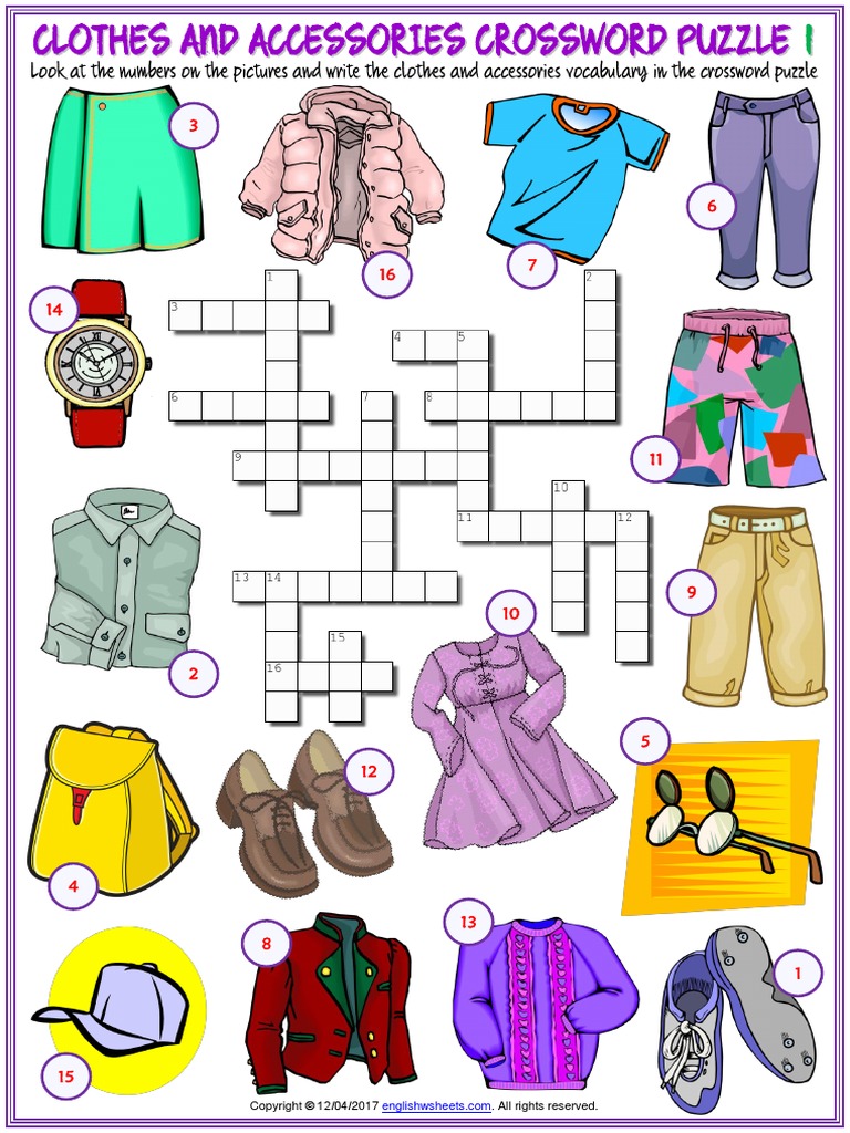 Clothes and Accessories Vocabulary Esl Crossword Puzzle Worksheets For ...
