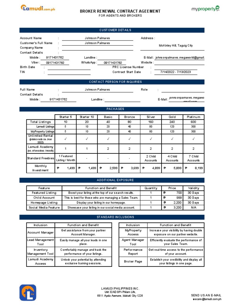 Lamudi Broker Contract Agreement Johnson Palmares PDF Payments