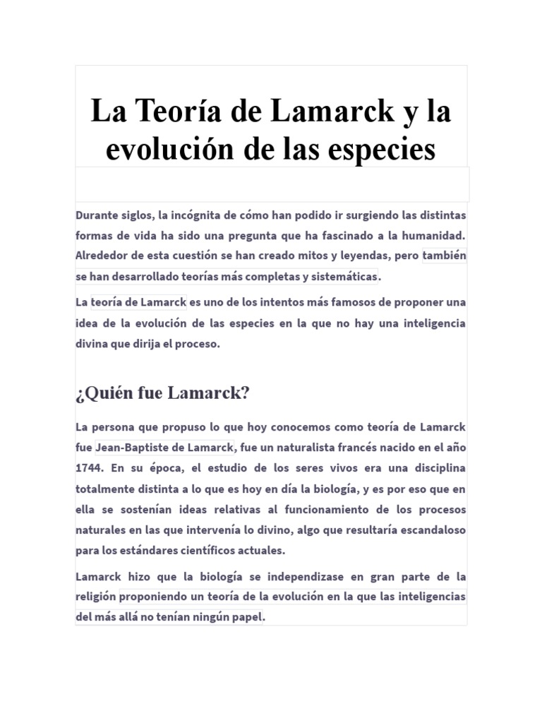 La Teoría de Lamarck y La Evolución de Las Especies | PDF | Evolución ...