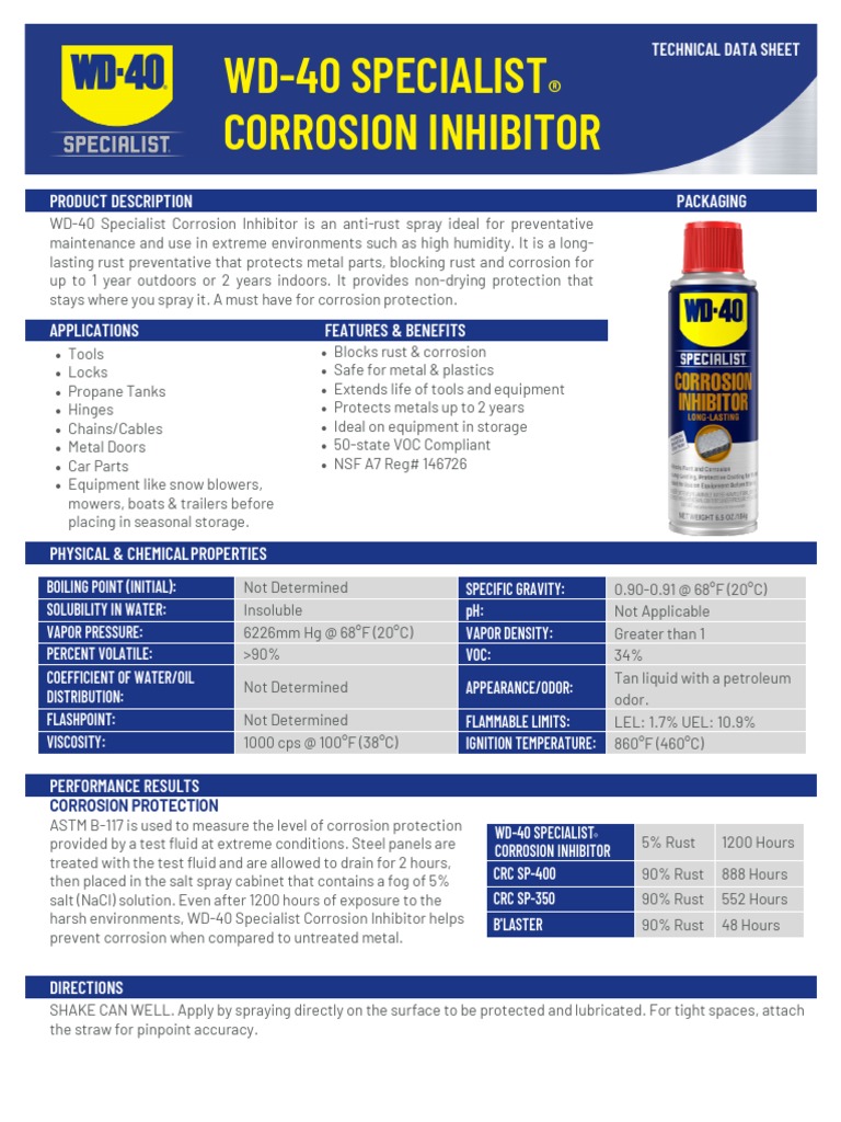 WD 40 Specialist Corrosion Inhibitor Tds Sheet | PDF | Chemistry ...