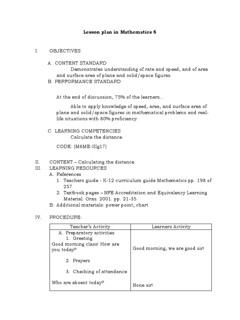 Lesson plan in math 6 pdf speed mathematics