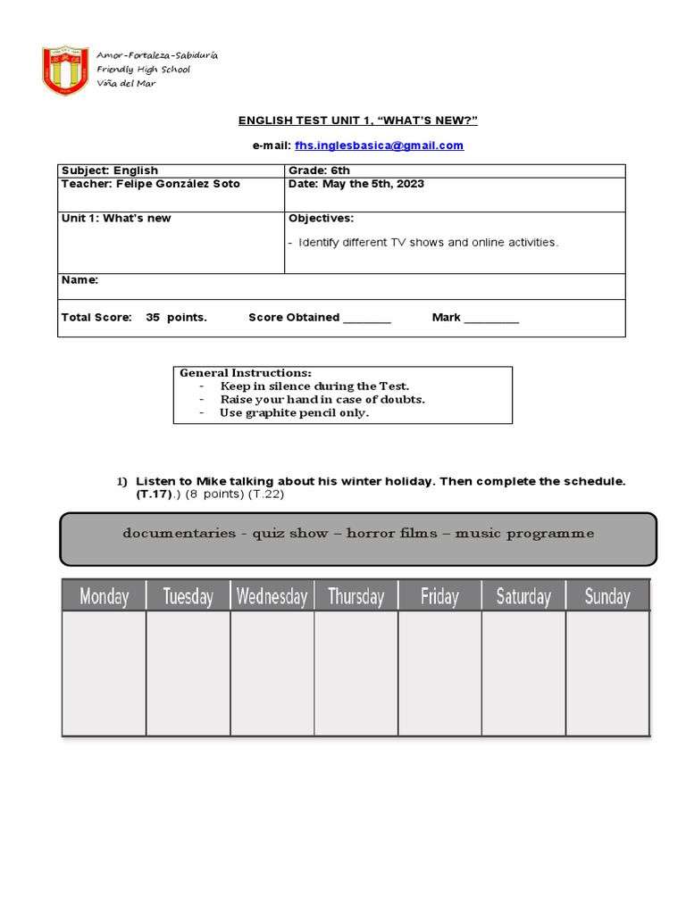 English Test Unit 1 What S New Part 2 6th Grade Checked Pdf