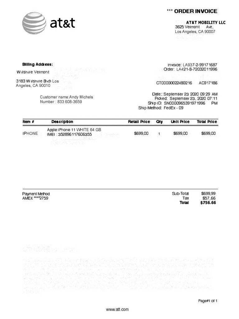 iPhone 11 Purchase Invoice from AT&T | PDF
