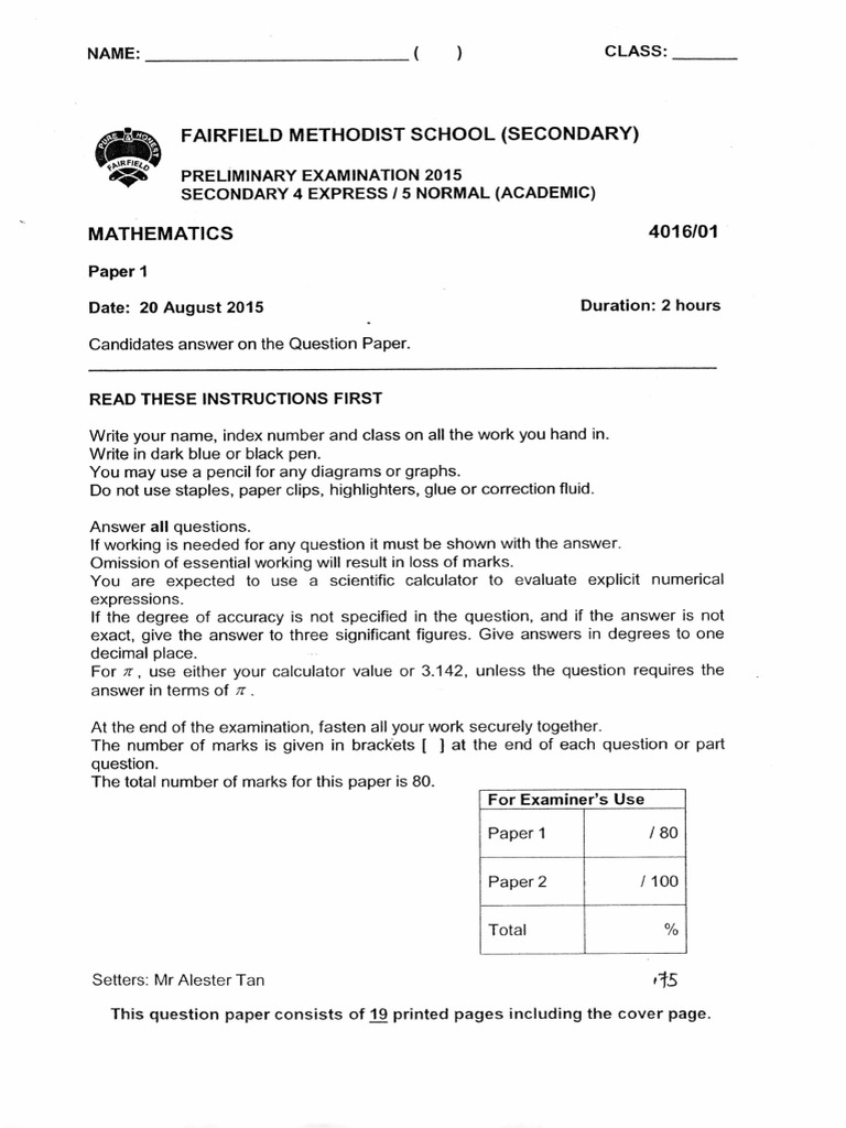 2015o Level e Math Fairfield Methodist Prelim | PDF